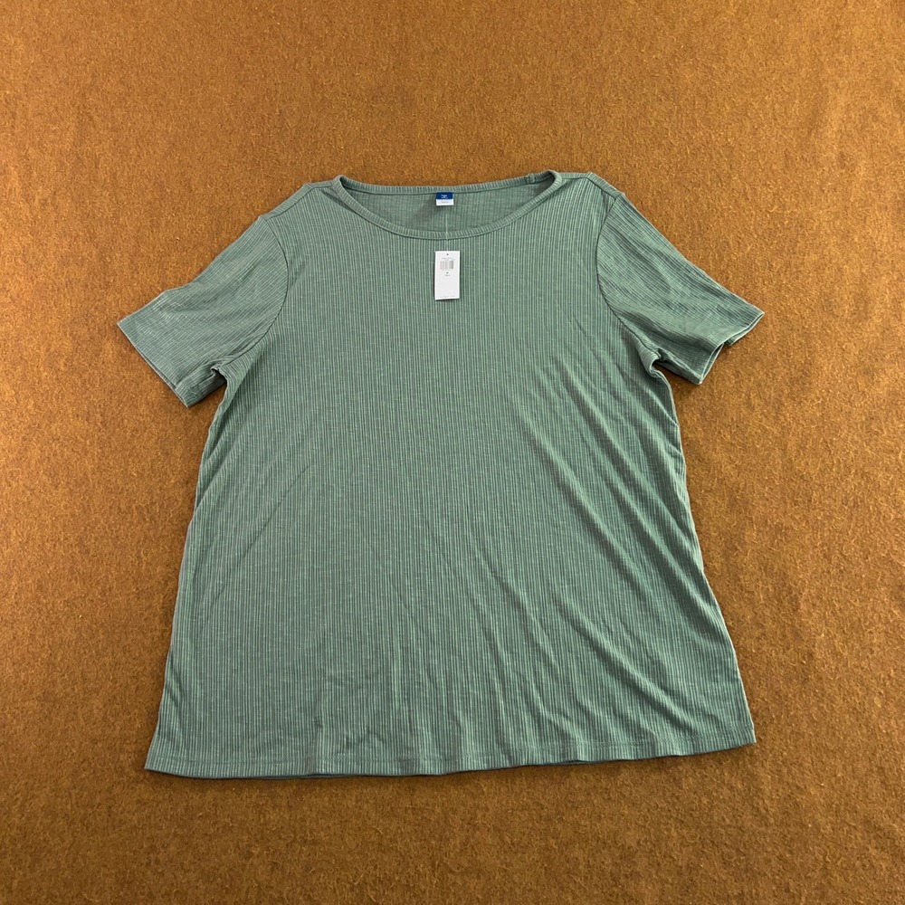 Old Navy Womens Medium Tall Green Ribbed Short Sleeve Knit T-Shirt NWT
